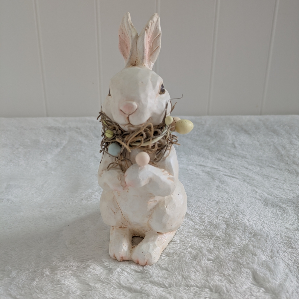 White Easter Bunny Figurine with Pastel Egg Wreath